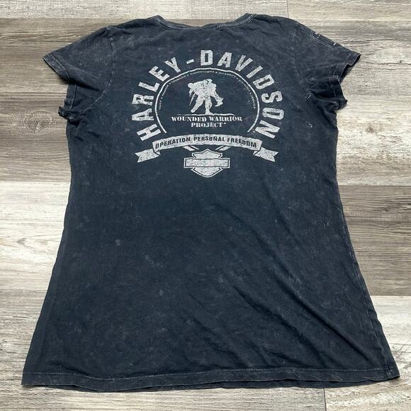 Harley Davidson Wounded Warrior Project Acid Wash Black Womens L Biker Tee USA - Picture 3 of 9